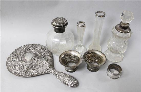 A silver-mounted glass toilet bottle, engraved with knapweed, William Comyns and sundry silver/silver-mounted items